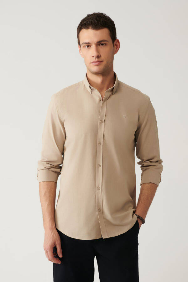 Men's Beige Button-Down Collar Comfort Fit Shirt 100% Cotton Linen Texture E002141 - 15