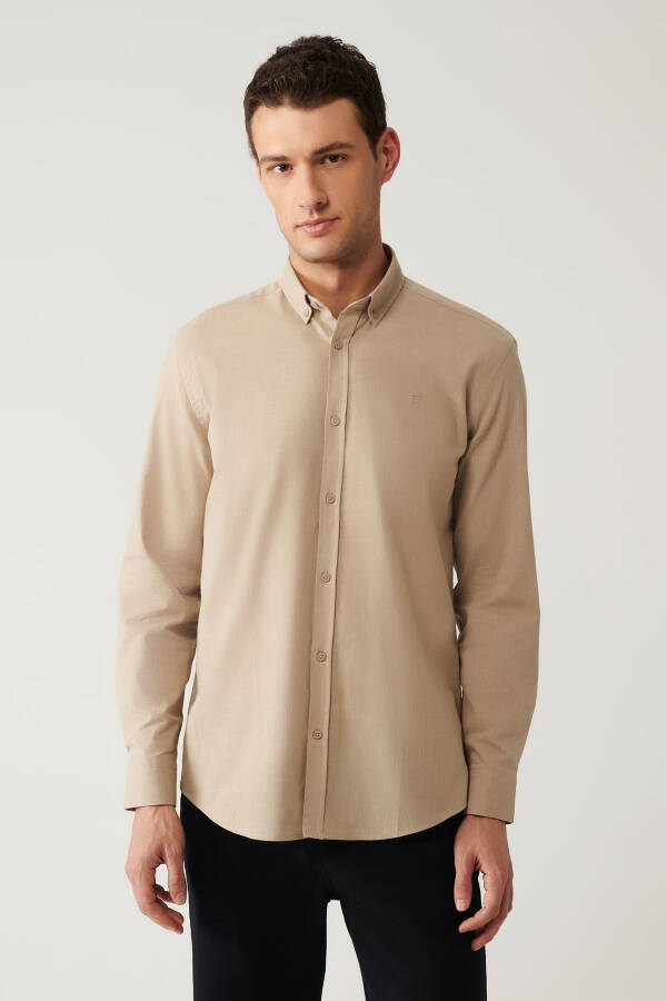 Men's Beige Button-Down Collar Comfort Fit Shirt 100% Cotton Linen Texture E002141 - 7