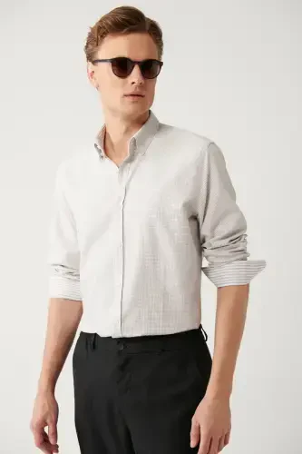 Men's Beige Button-Down Collar Cotton Easy-Iron Slim Fit Shirt with Armholes A32y2089 - 1