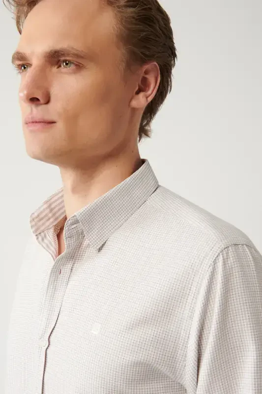 Men's Beige Button-Down Collar Cotton Easy-Iron Slim Fit Shirt with Armholes A32y2089 - 2