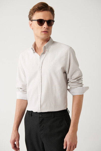 Men's Beige Button-Down Collar Cotton Easy-Iron Slim Fit Shirt with Armholes A32y2089 - 11