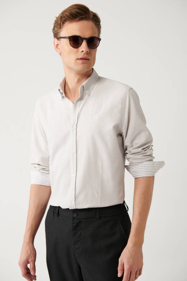 Men's Beige Button-Down Collar Cotton Easy-Iron Slim Fit Shirt with Armholes A32y2089 - 11