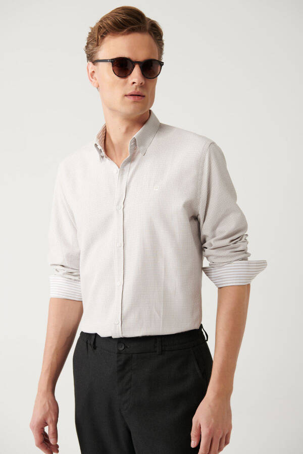 Men's Beige Button-Down Collar Cotton Easy-Iron Slim Fit Shirt with Armholes A32y2089 - 6