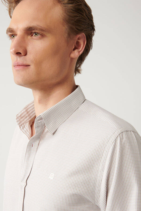 Men's Beige Button-Down Collar Cotton Easy-Iron Slim Fit Shirt with Armholes A32y2089 - 7