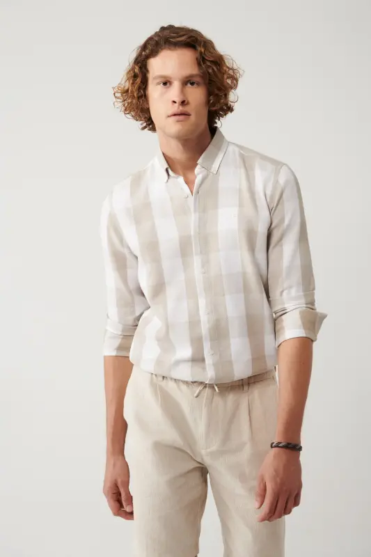 Men's Beige Button-Down Collar Cotton Plaid Regular Fit Shirt A41y2044 - AVVA