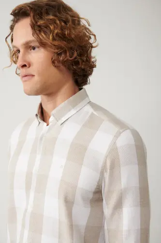 Men's Beige Button-Down Collar Cotton Plaid Regular Fit Shirt A41y2044 - AVVA (1)