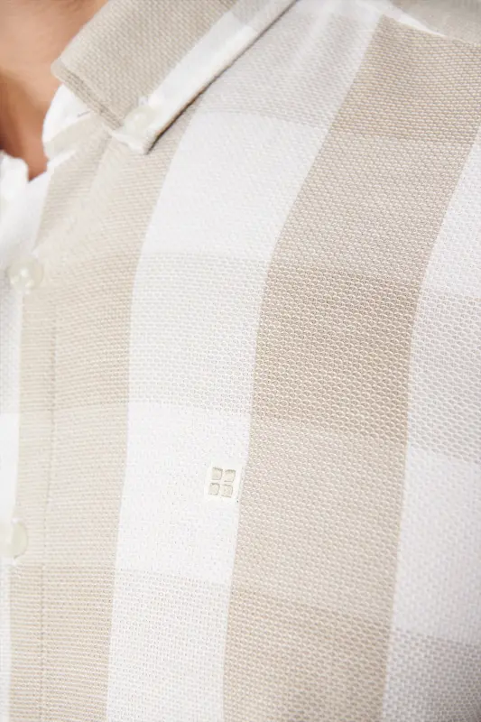 Men's Beige Button-Down Collar Cotton Plaid Regular Fit Shirt A41y2044 - 5