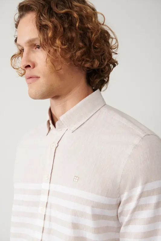 Men's Beige Button-Down Collar Striped Slim Fit Shirt A41y2190 - 2