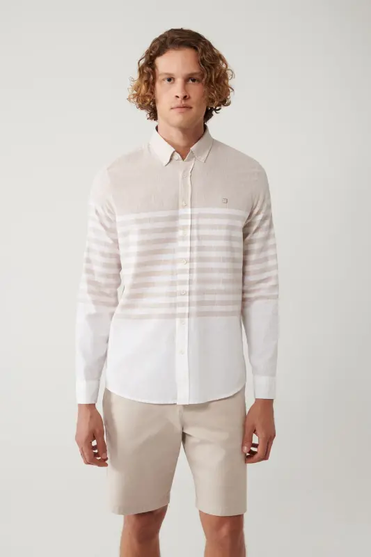 Men's Beige Button-Down Collar Striped Slim Fit Shirt A41y2190 - 3