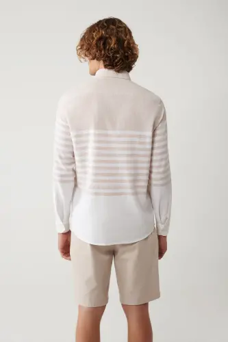 Men's Beige Button-Down Collar Striped Slim Fit Shirt A41y2190 - 4