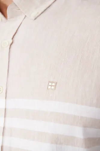 Men's Beige Button-Down Collar Striped Slim Fit Shirt A41y2190 - 5