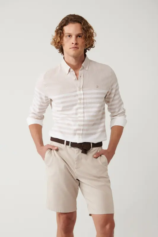 Men's Beige Button-Down Collar Striped Slim Fit Shirt A41y2190 - AVVA