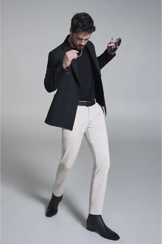 Men's Beige Chino Pants with Elastic Waistband, Soft Touch, Slim Fit A32y3002 - AVVA