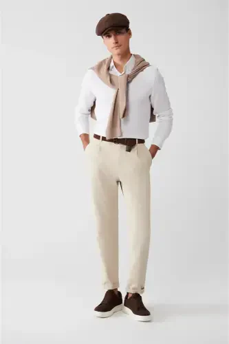 Men's Beige Chino Pants with Elastic Waistband, Soft Touch, Slim Fit A32y3002 - AVVA (1)