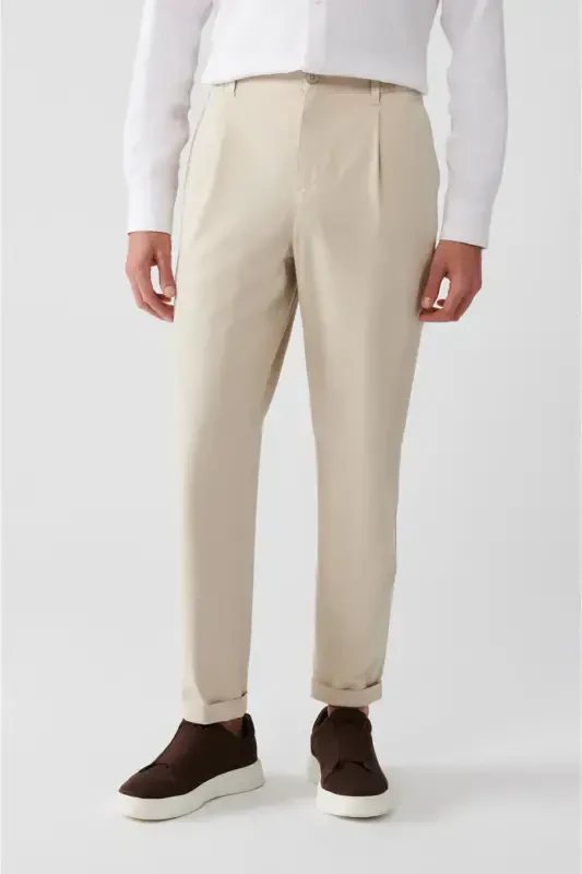 Men's Beige Chino Pants with Elastic Waistband, Soft Touch, Slim Fit A32y3002 - 3