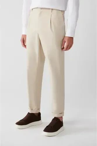 Men's Beige Chino Pants with Elastic Waistband, Soft Touch, Slim Fit A32y3002 - 4