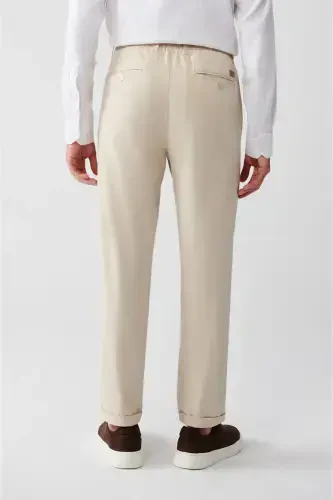 Men's Beige Chino Pants with Elastic Waistband, Soft Touch, Slim Fit A32y3002 - 5