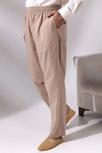 Men's Beige Cinari Wide-Cut Elastic Waist Hajj and Umrah Linen Shalwar Pants 