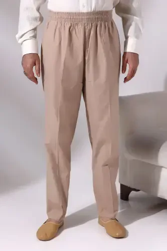 Men's Beige Cinari Wide-Cut Elastic Waist Hajj and Umrah Linen Shalwar Pants - IHVAN ONLINE (1)
