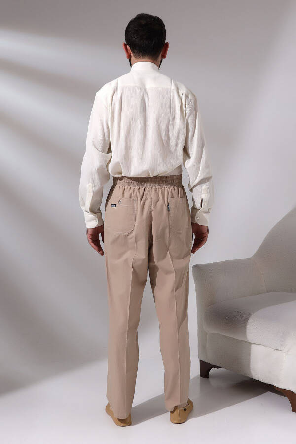 Men's Beige Cinari Wide-Cut Elastic Waist Hajj and Umrah Linen Shalwar Pants - 6