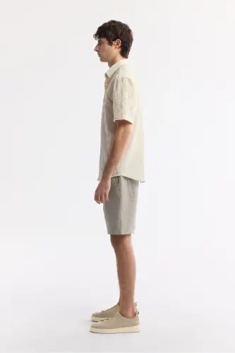 Men's Beige Classic Collar Embroidered Detail Short Sleeve - 3