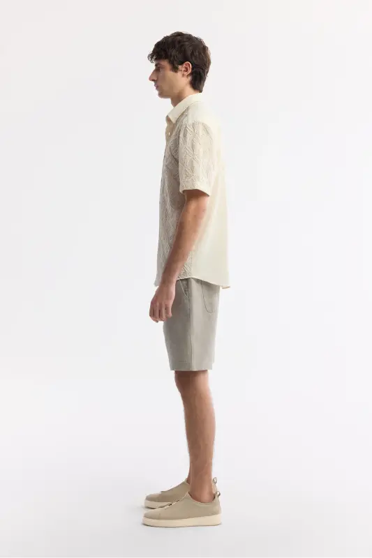 Men's Beige Classic Collar Embroidered Detail Short Sleeve - 3