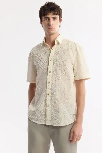 Men's Beige Classic Collar Embroidered Detail Short Sleeve - 6
