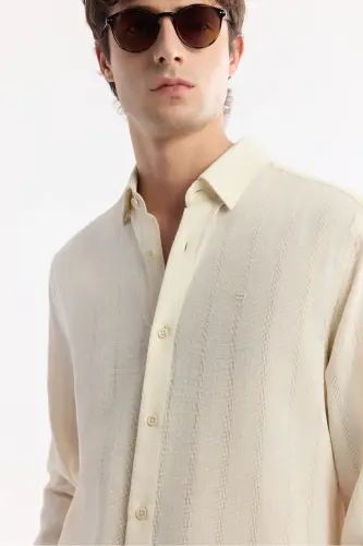 Men's Beige Comfort Fit Button-Down Collar Cotton Texture - AVVA (1)