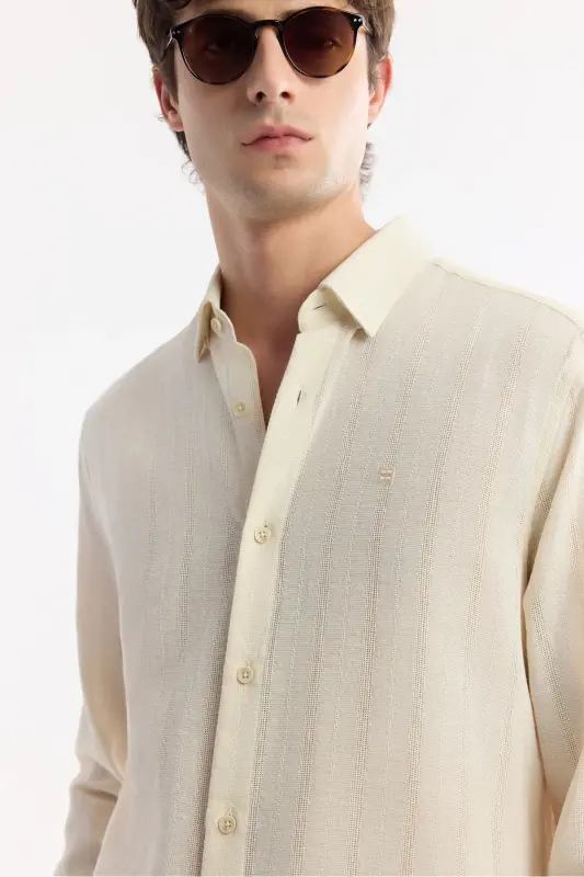 Men's Beige Comfort Fit Button-Down Collar Cotton Texture - 2