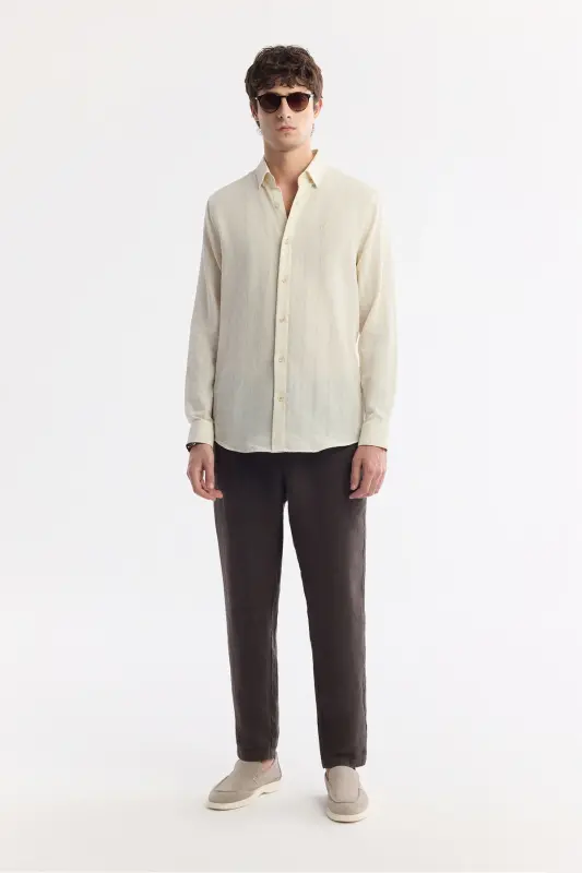 Men's Beige Comfort Fit Button-Down Collar Cotton Texture - 5