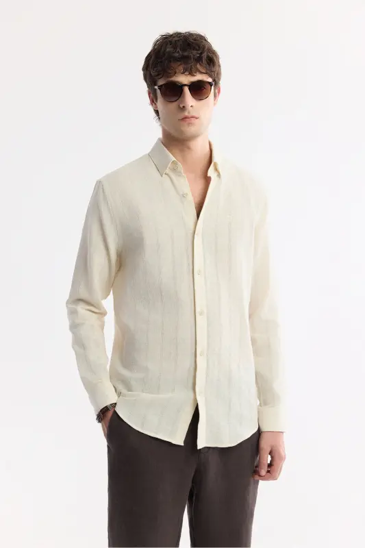 Men's Beige Comfort Fit Button-Down Collar Cotton Texture - 6