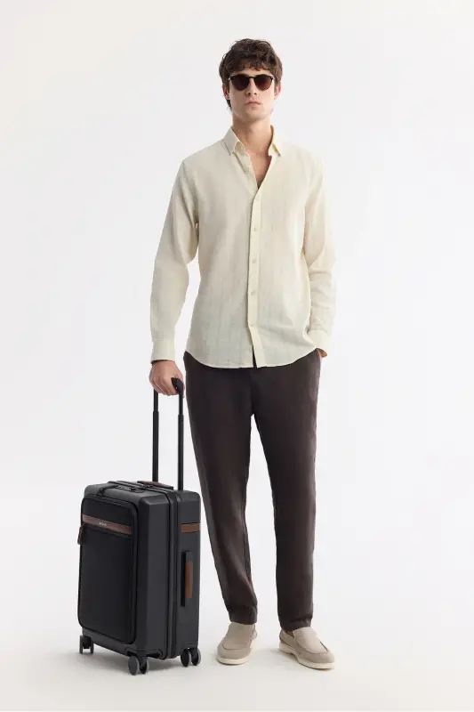 Men's Beige Comfort Fit Button-Down Collar Cotton Texture - 7