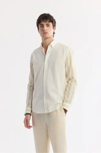 Men's Beige Comfort Fit Button-Down Collar Striped Long Sleeve - 1