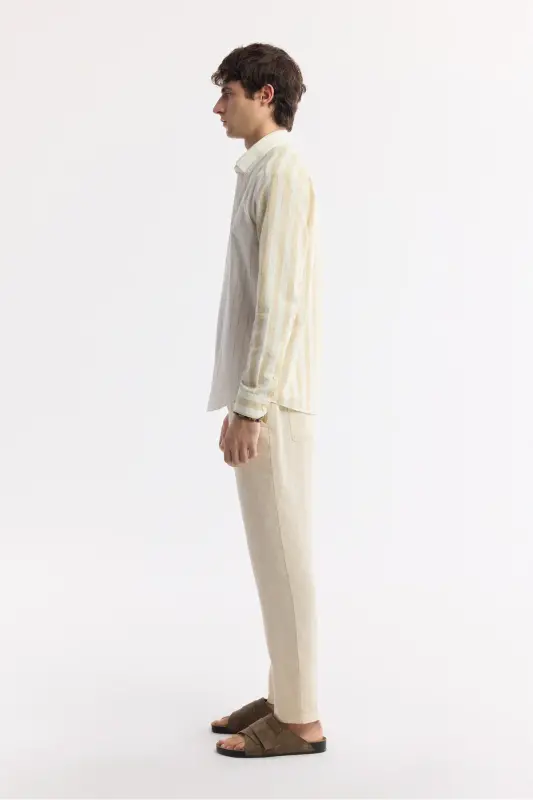 Men's Beige Comfort Fit Button-Down Collar Striped Long Sleeve - 3