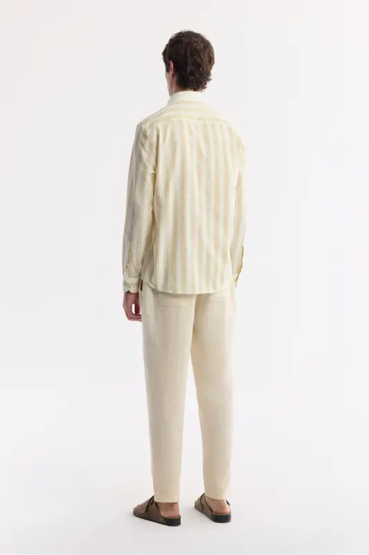 Men's Beige Comfort Fit Button-Down Collar Striped Long Sleeve - 4