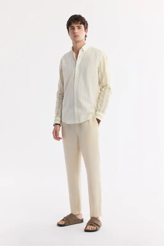 Men's Beige Comfort Fit Button-Down Collar Striped Long Sleeve - 5