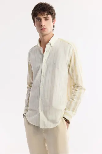 Men's Beige Comfort Fit Button-Down Collar Striped Long Sleeve - 7