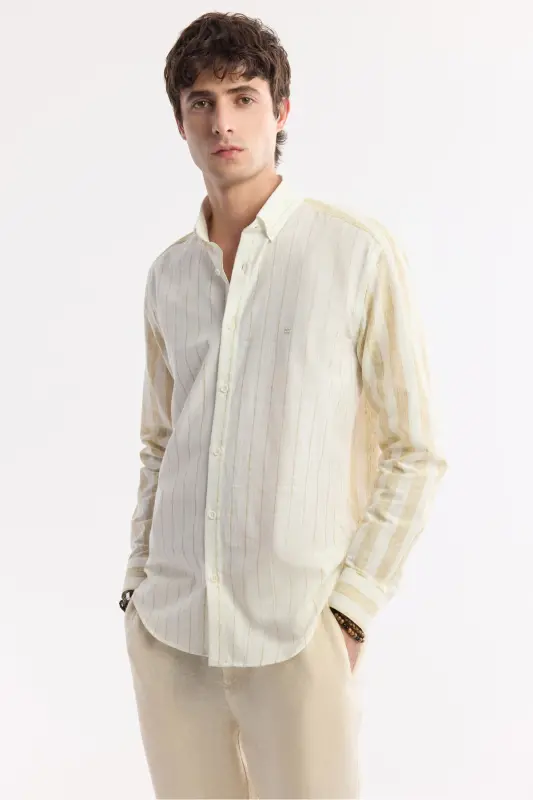 Men's Beige Comfort Fit Button-Down Collar Striped Long Sleeve - 7