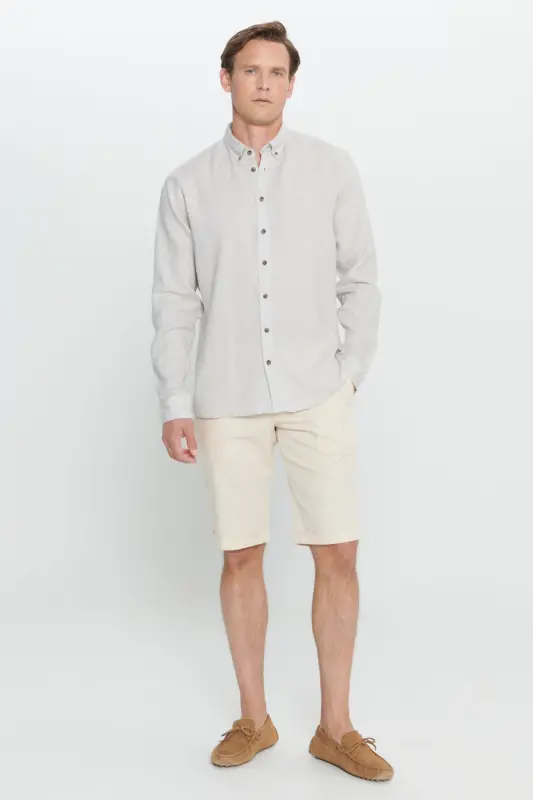 Men's Beige Comfort Fit Relaxed Fit 100% Linen Button-Down Collar Shirt-Beige - ALTINYILDIZ CLASSICS