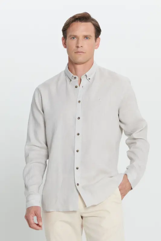 Men's Beige Comfort Fit Relaxed Fit 100% Linen Button-Down Collar Shirt-Beige - 2