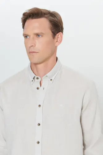 Men's Beige Comfort Fit Relaxed Fit 100% Linen Button-Down Collar Shirt-Beige - 4