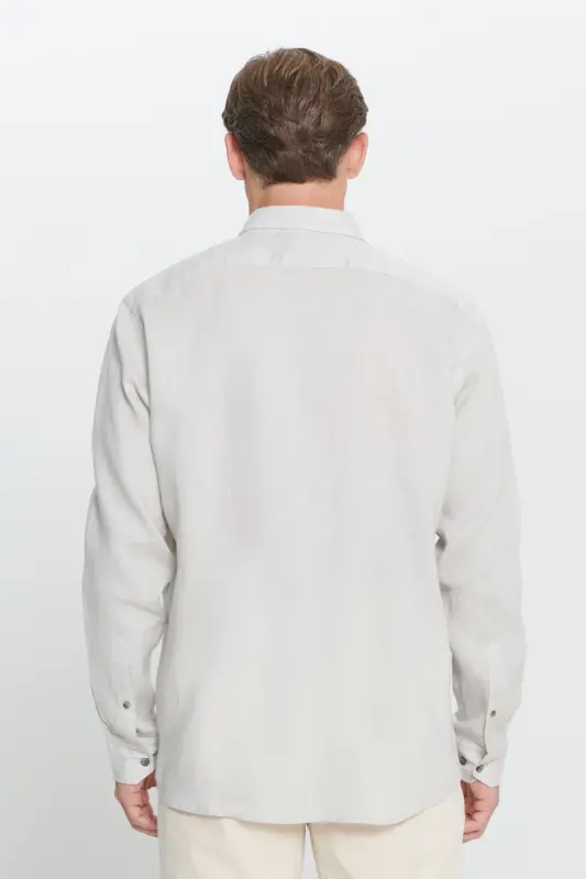 Men's Beige Comfort Fit Relaxed Fit 100% Linen Button-Down Collar Shirt-Beige - 5