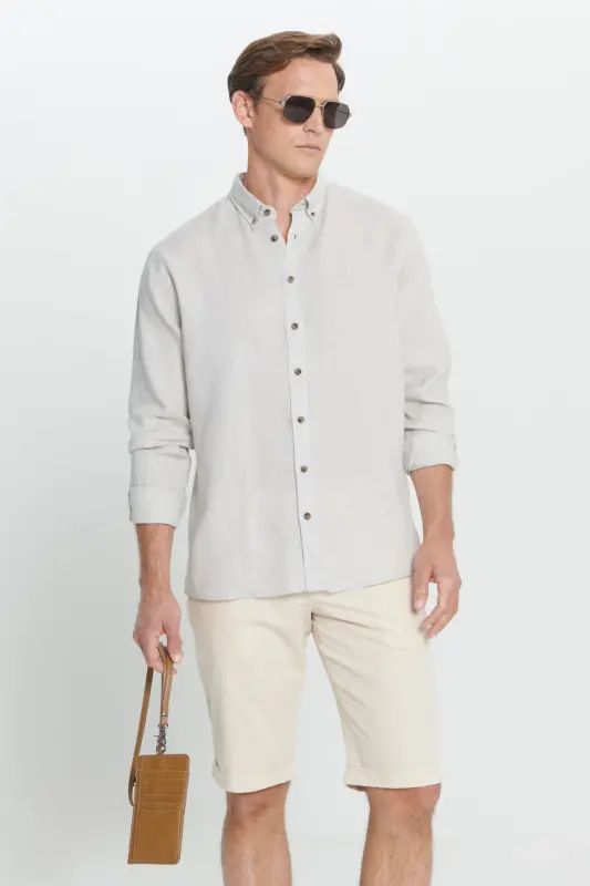 Men's Beige Comfort Fit Relaxed Fit 100% Linen Button-Down Collar Shirt-Beige - 6