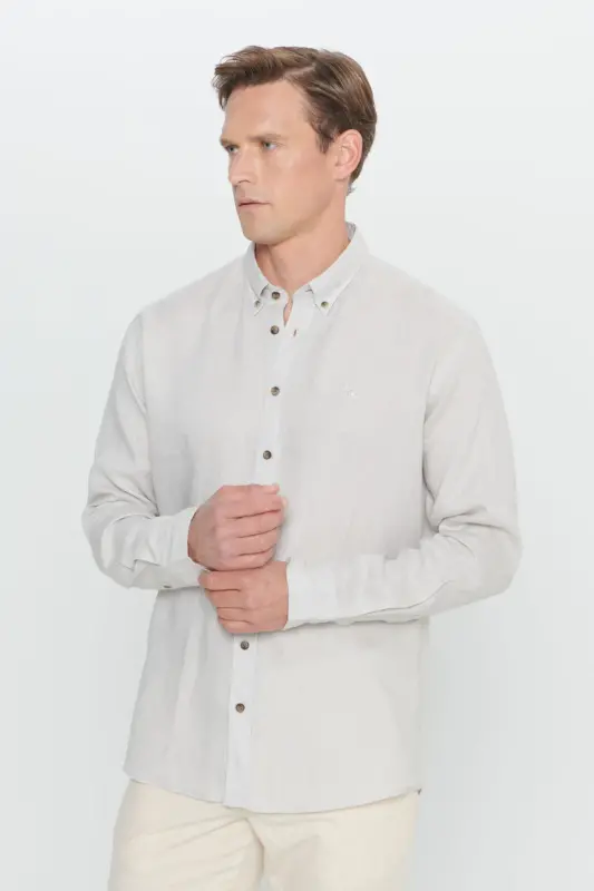Men's Beige Comfort Fit Relaxed Fit 100% Linen Button-Down Collar Shirt-Beige - 3
