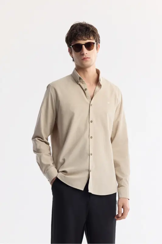 Men's Beige Corduroy 100% Cotton Shirt B002032-Beige - 1