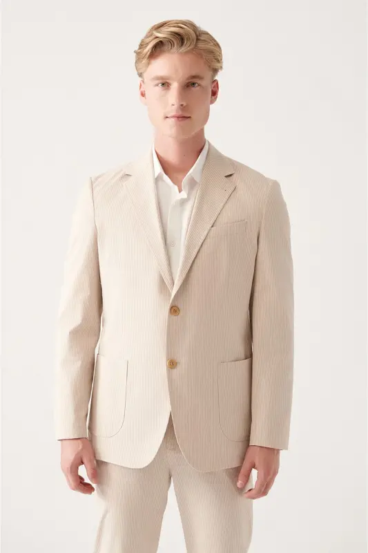 Men's beige cotton blend double-breasted jacket. - AVVA