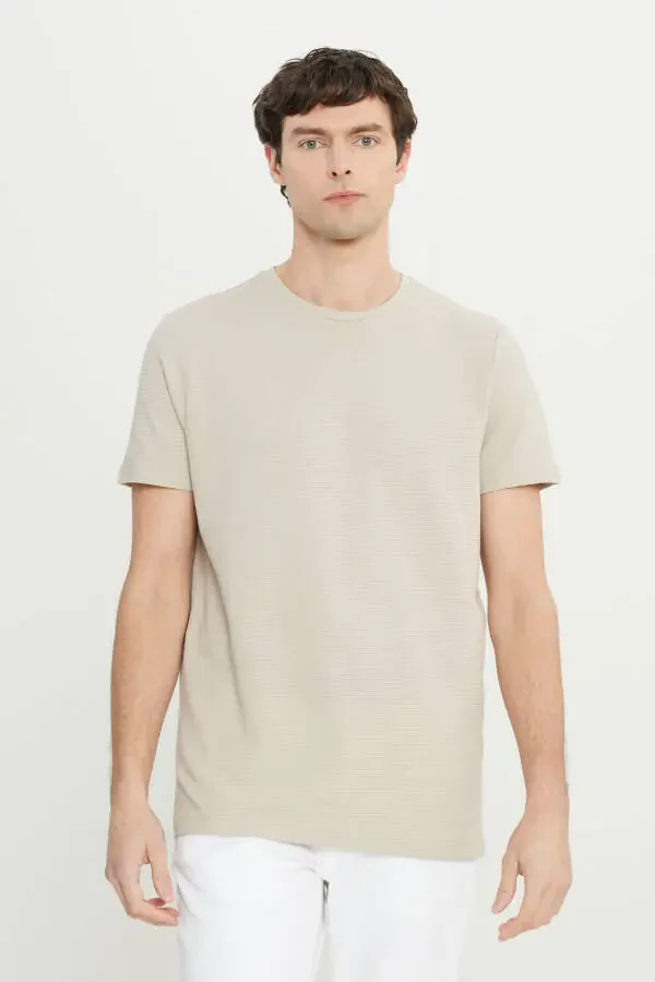 Men's Beige Cotton Slim Fit Narrow Cut Crew Neck Flexible T-Shirt - 1
