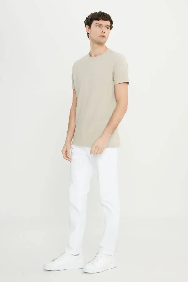 Men's Beige Cotton Slim Fit Narrow Cut Crew Neck Flexible T-Shirt - 2