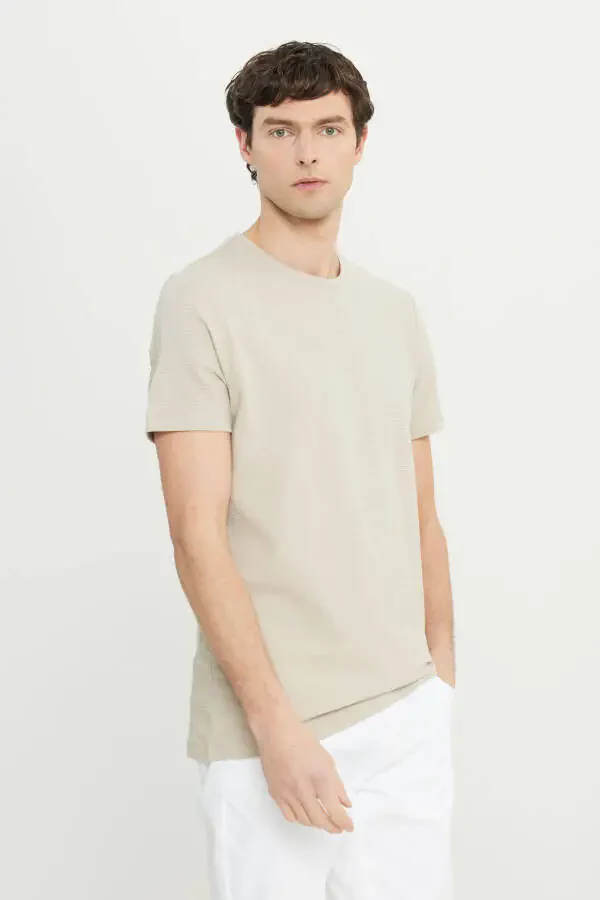 Men's Beige Cotton Slim Fit Narrow Cut Crew Neck Flexible T-Shirt - 3