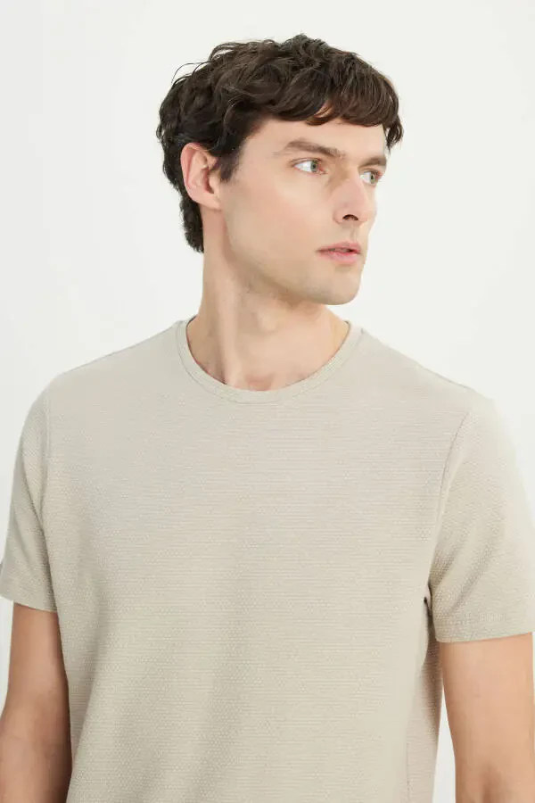 Men's Beige Cotton Slim Fit Narrow Cut Crew Neck Flexible T-Shirt - 4